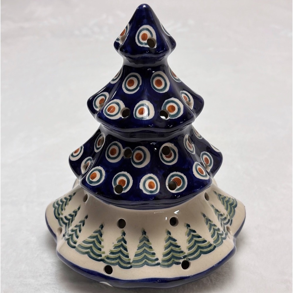 Boleslawiec Polish Pottery Christmas Tree Luminary Handmade Blue Peacock Eye 7"